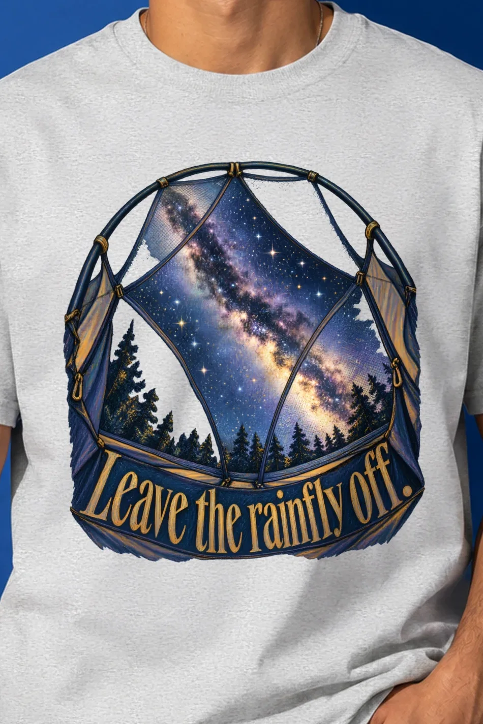 "Leave The Rainfly Off" Heavyweight Unisex Crewneck T-shirt - the graphic up close