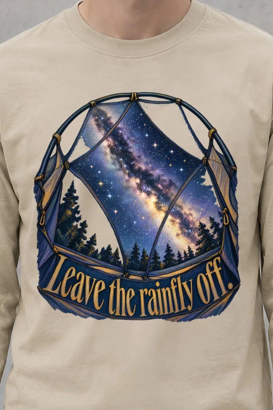 "Leave the Rainfly Off" Unisex Longsleeve T-shirt - the graphic up close