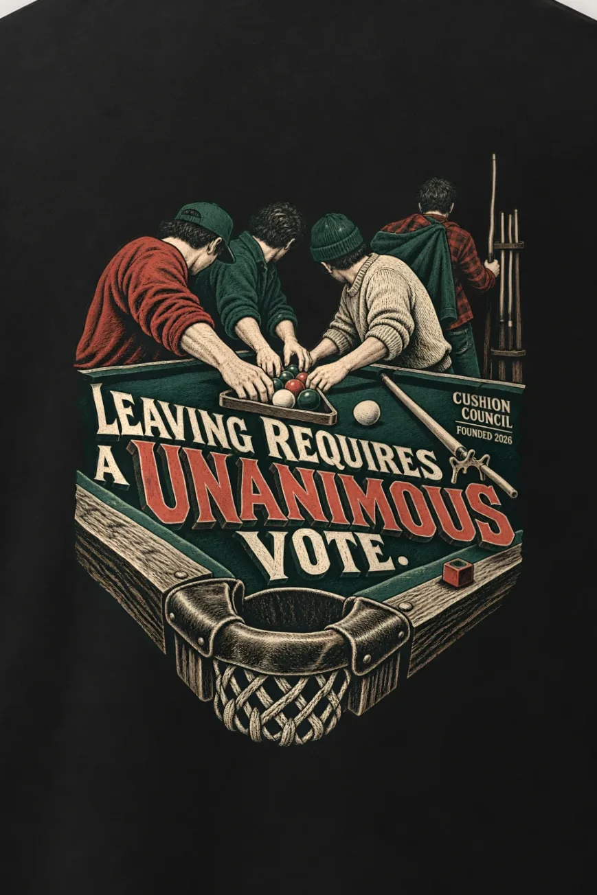 "Leaving Requires a Unanimous Vote" Men’s Oversized Heavyweight Crewneck T-Shirt - the graphic up close