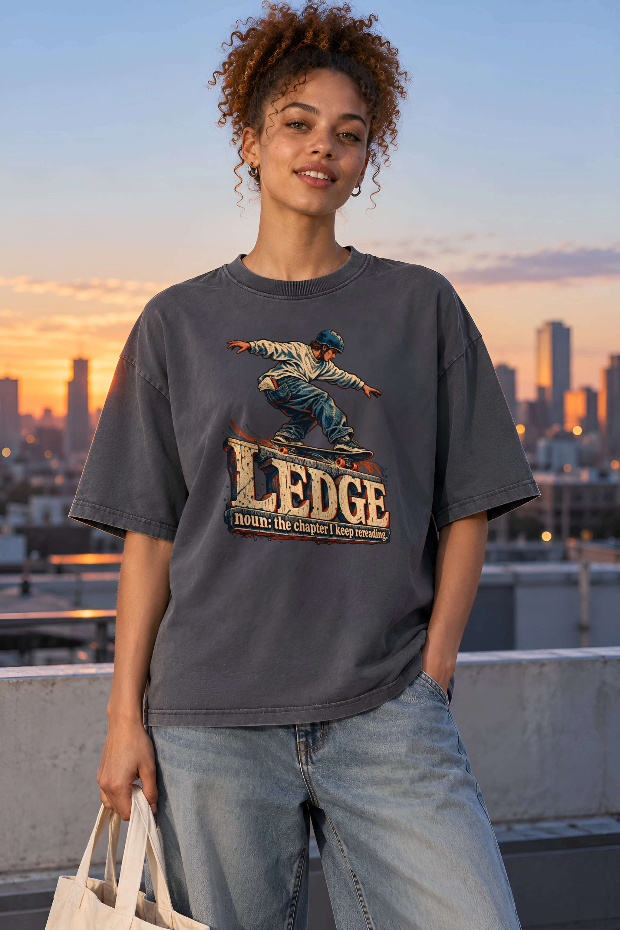 "Ledge Bookworm Skater" Unisex Oversized Heavyweight Crewneck T-Shirt