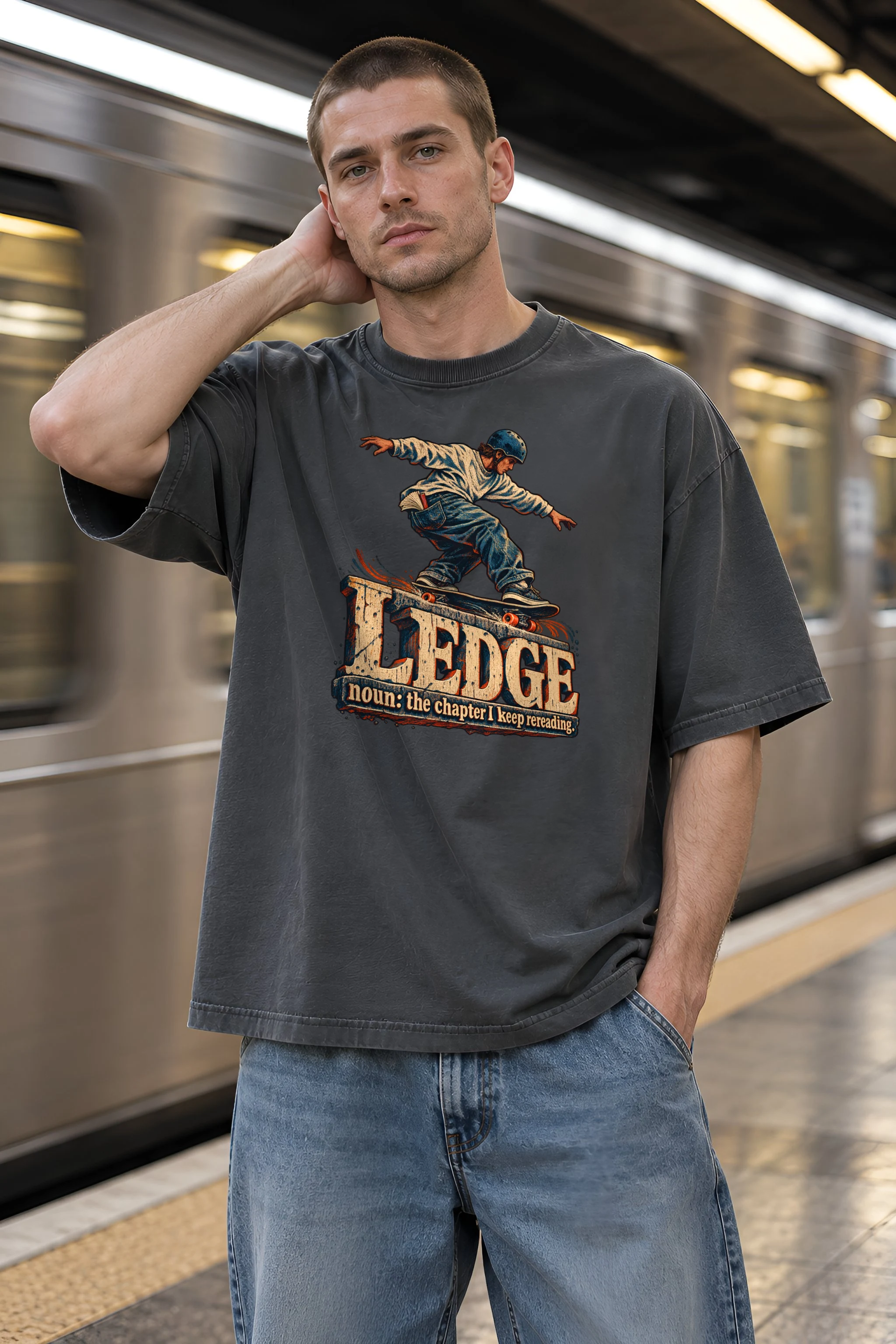 "Ledge Bookworm Skater" Unisex Oversized Heavyweight Crewneck T-Shirt