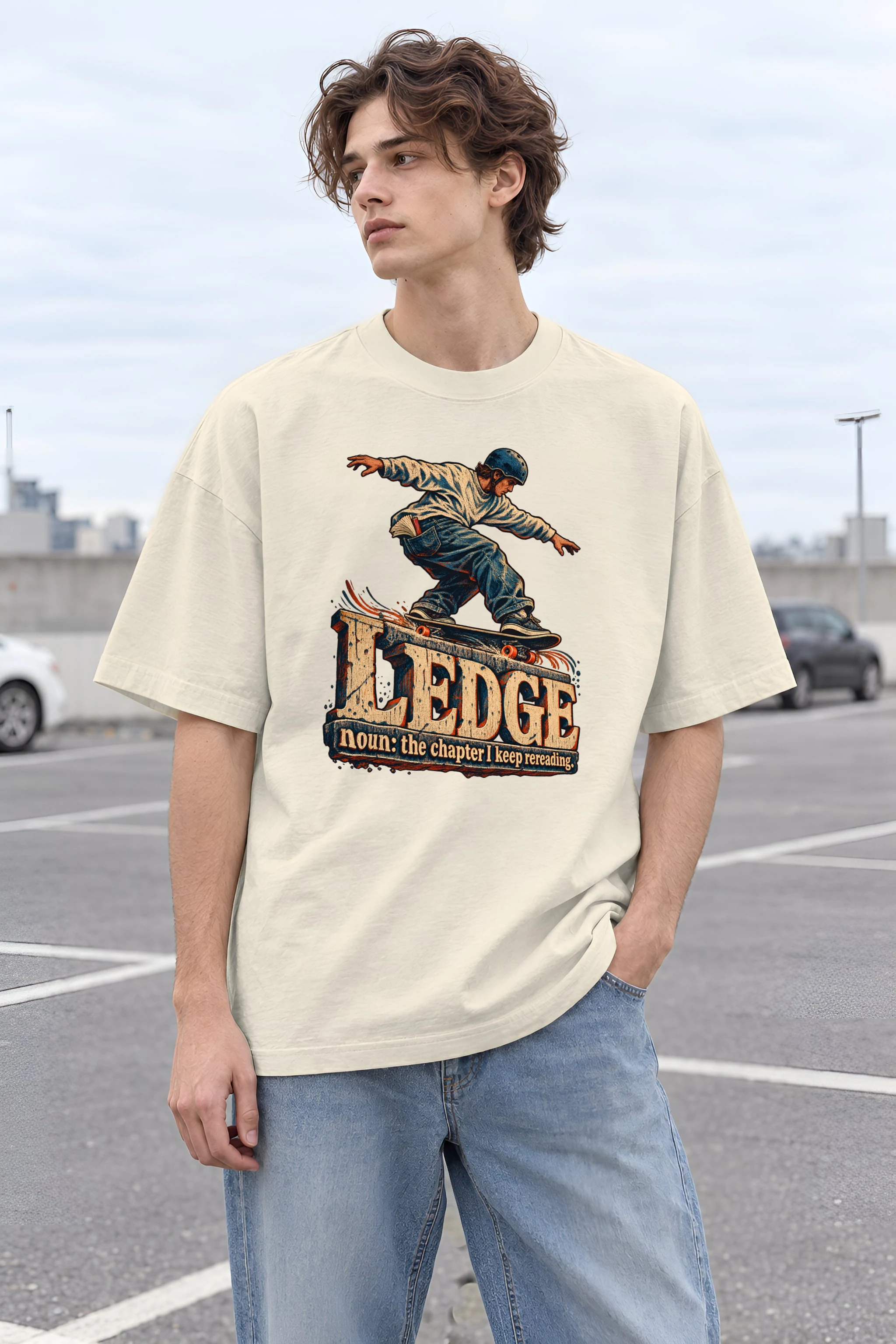 "Ledge Bookworm Skater" Unisex Oversized Heavyweight Crewneck T-Shirt