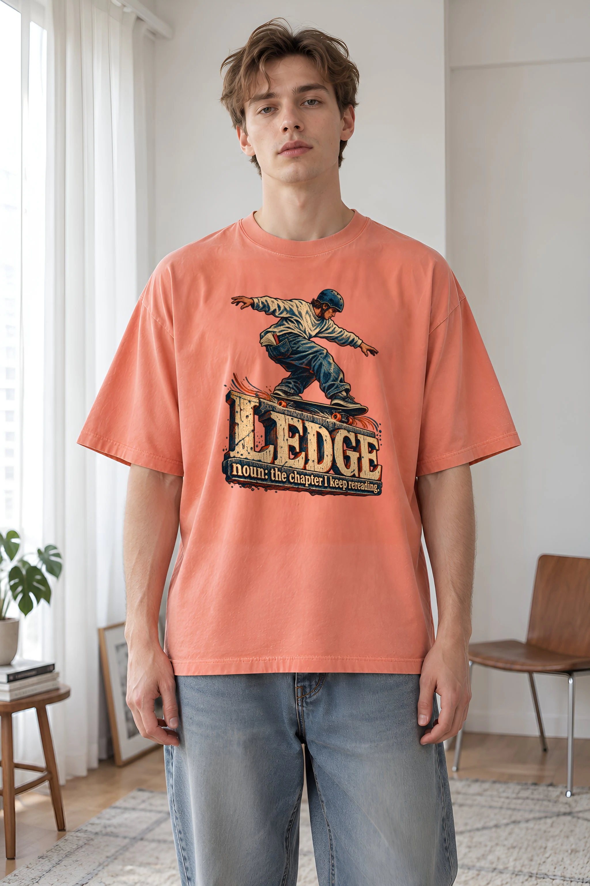 "Ledge Bookworm Skater" Unisex Oversized Heavyweight Crewneck T-Shirt