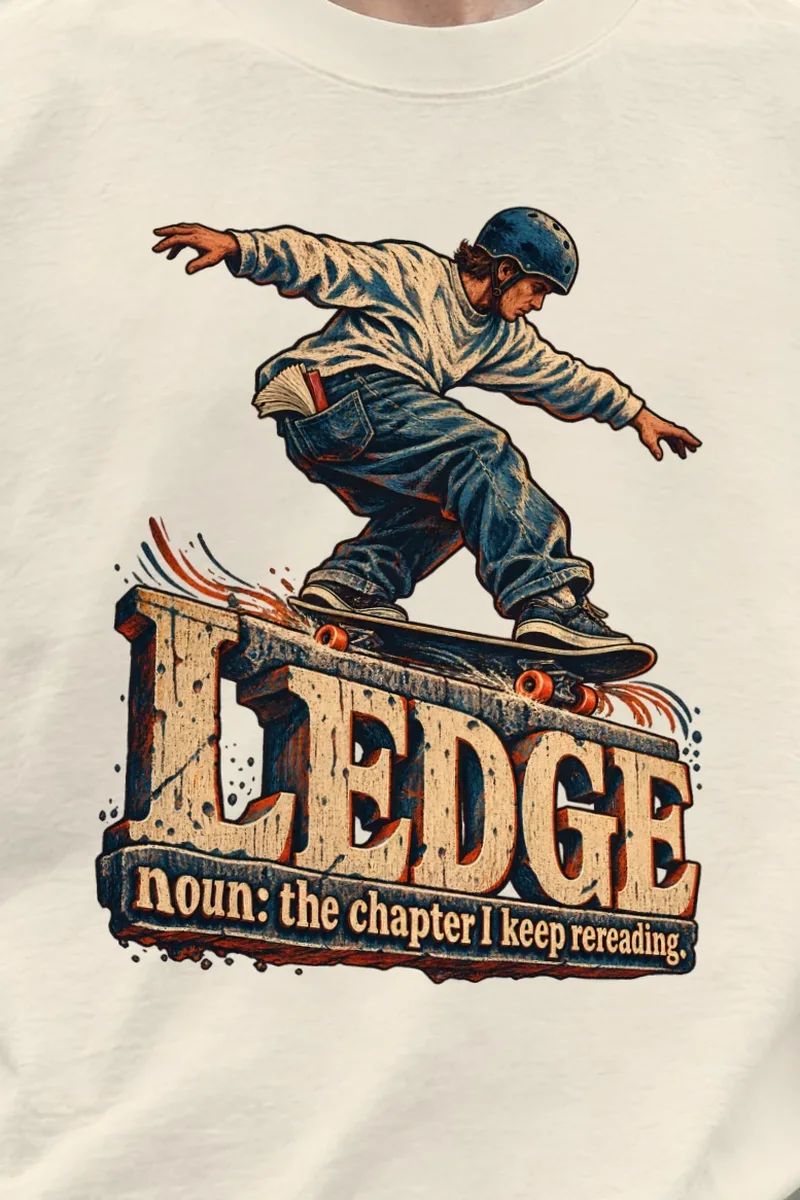"Ledge Bookworm Skater" Unisex Oversized Heavyweight Crewneck T-Shirt - the graphic up close