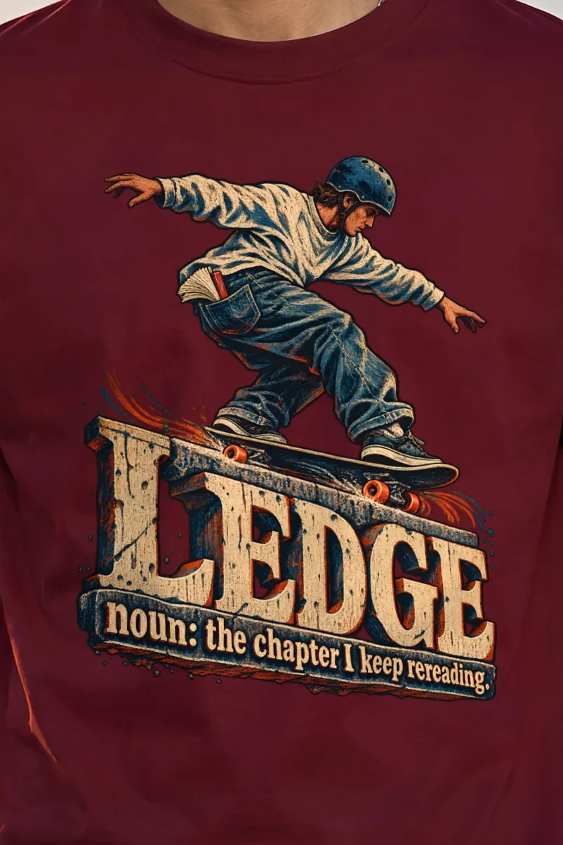 "Ledge Skater Paperback Tee" Heavyweight Unisex Crewneck T-shirt - the graphic up close
