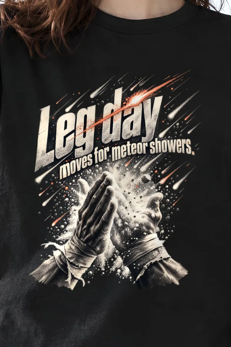 "Leg Day Meteor Showers" Heavyweight Unisex Crewneck T-shirt - the graphic up close