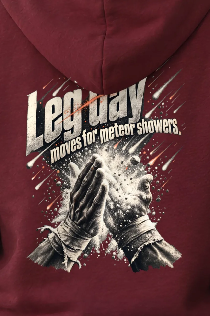 "Leg Day Meteor Showers" Unisex Pullover Hoodie - the graphic up close