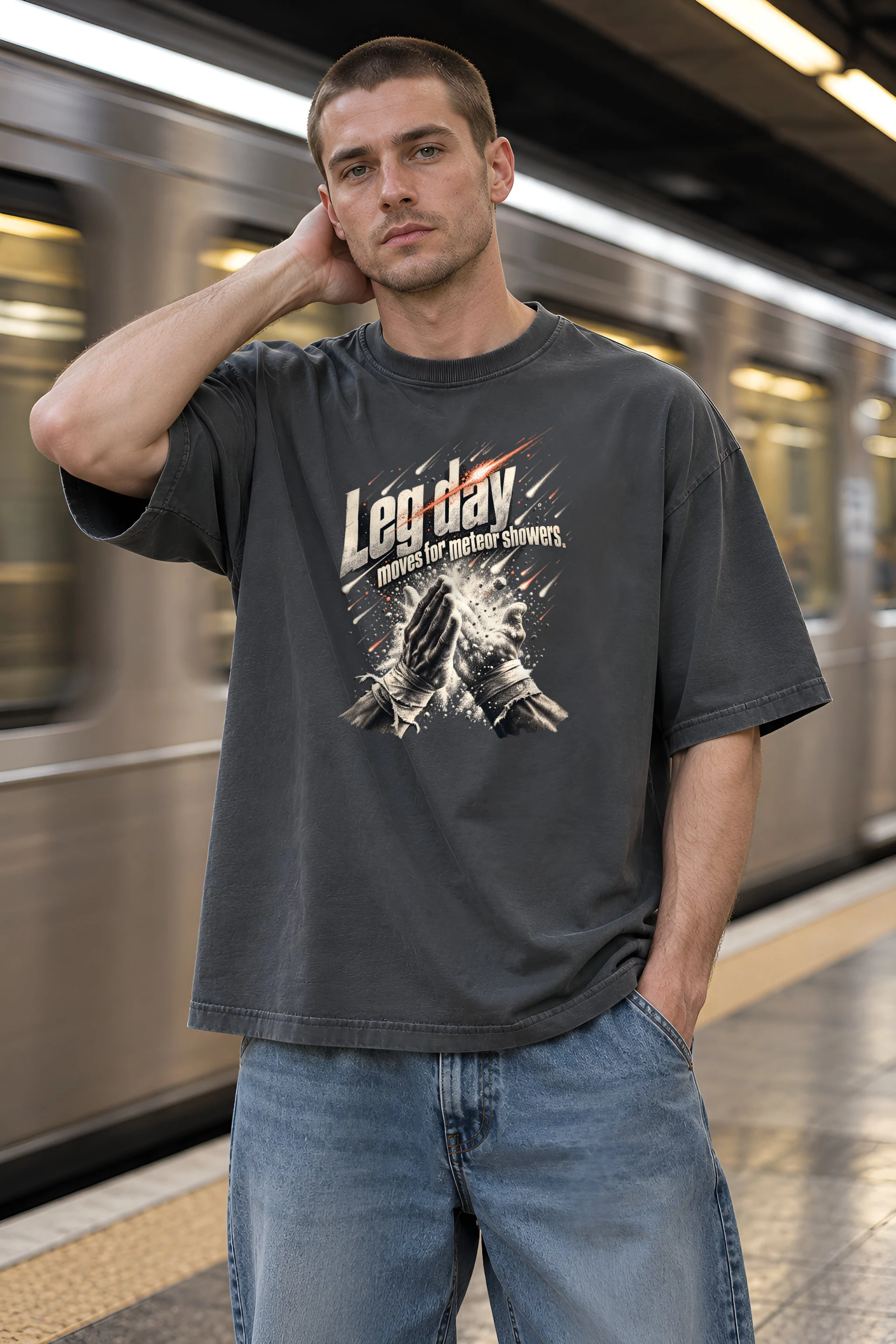 "Leg Day Moves For Meteor Showers" Unisex Oversized Heavyweight Crewneck T-Shirt