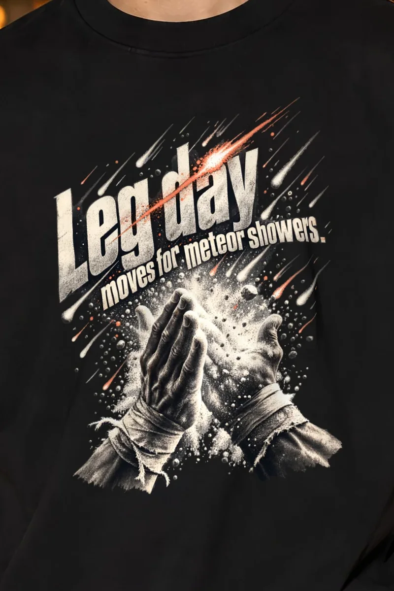 "Leg Day Moves For Meteor Showers" Unisex Oversized Heavyweight Crewneck T-Shirt - the graphic up close