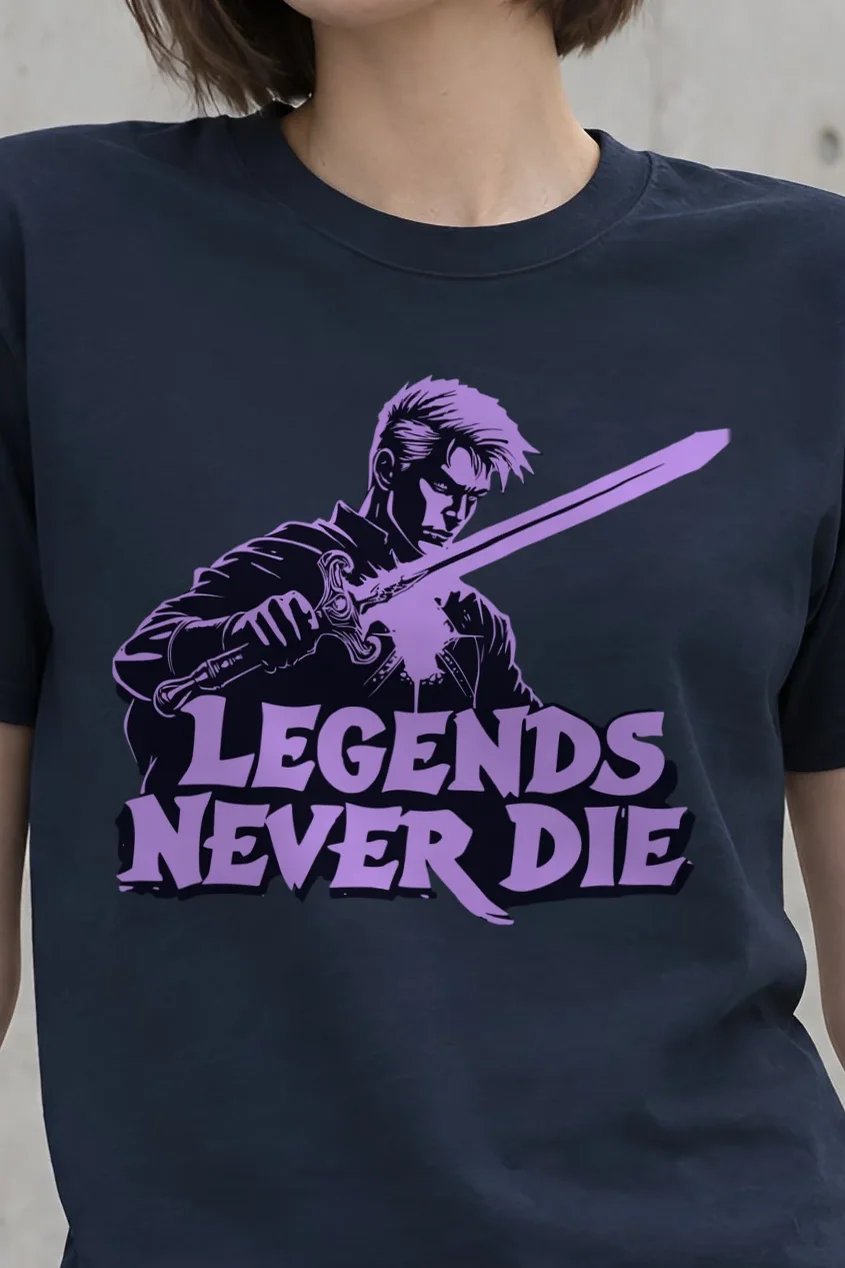 "Legends Never Die" Heavyweight Unisex Crewneck T-shirt - the graphic up close