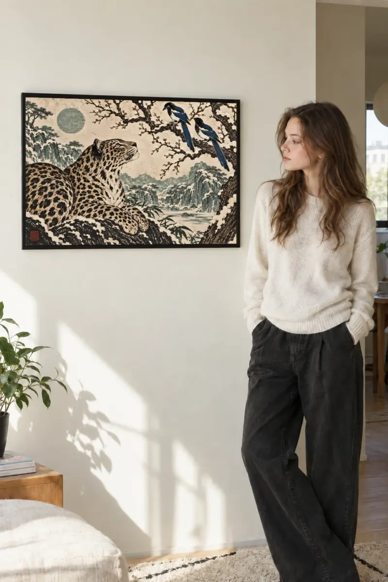 “Leopard and Magpies” Premium Wooden Framed Poster · Landscape