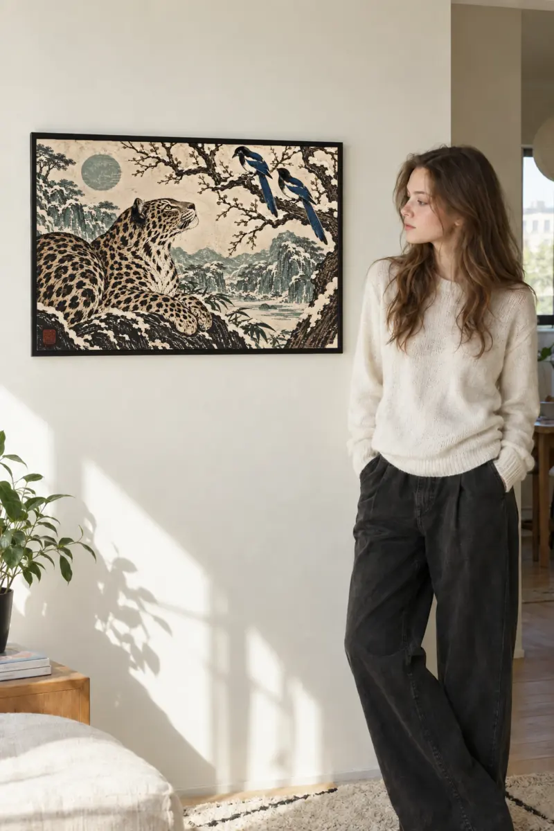"Leopard and Magpies" Premium Wooden Framed Poster · Landscape