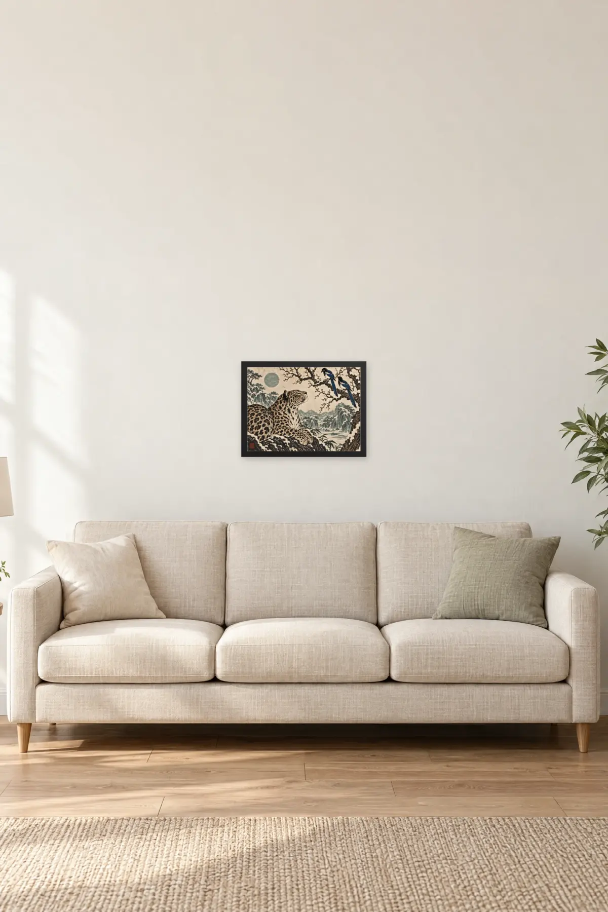 "Leopard and Magpies" Premium Wooden Framed Poster · Landscape — Black frame, 16 × 12 in
