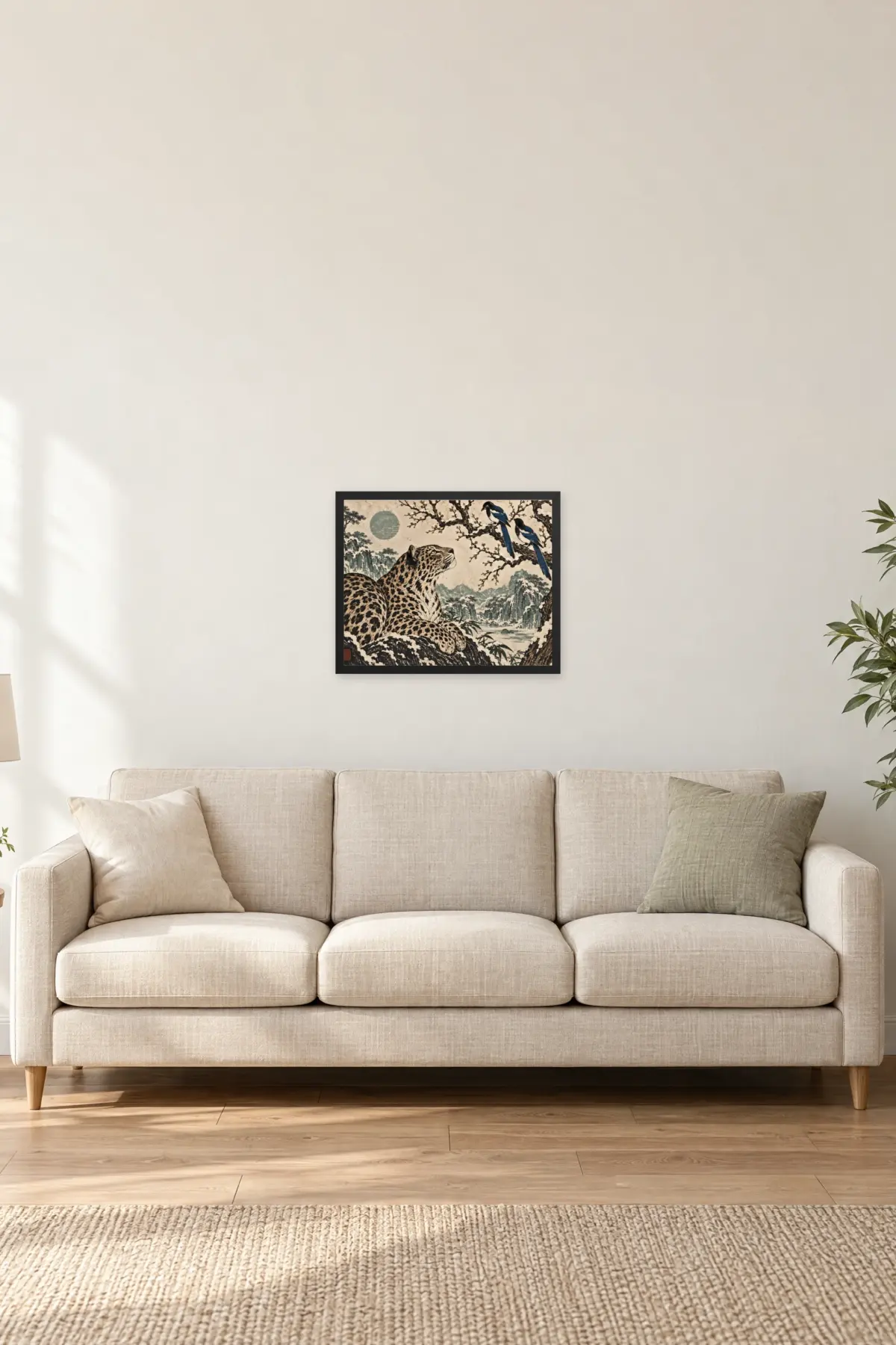 "Leopard and Magpies" Premium Wooden Framed Poster · Landscape — Black frame, 20 × 16 in