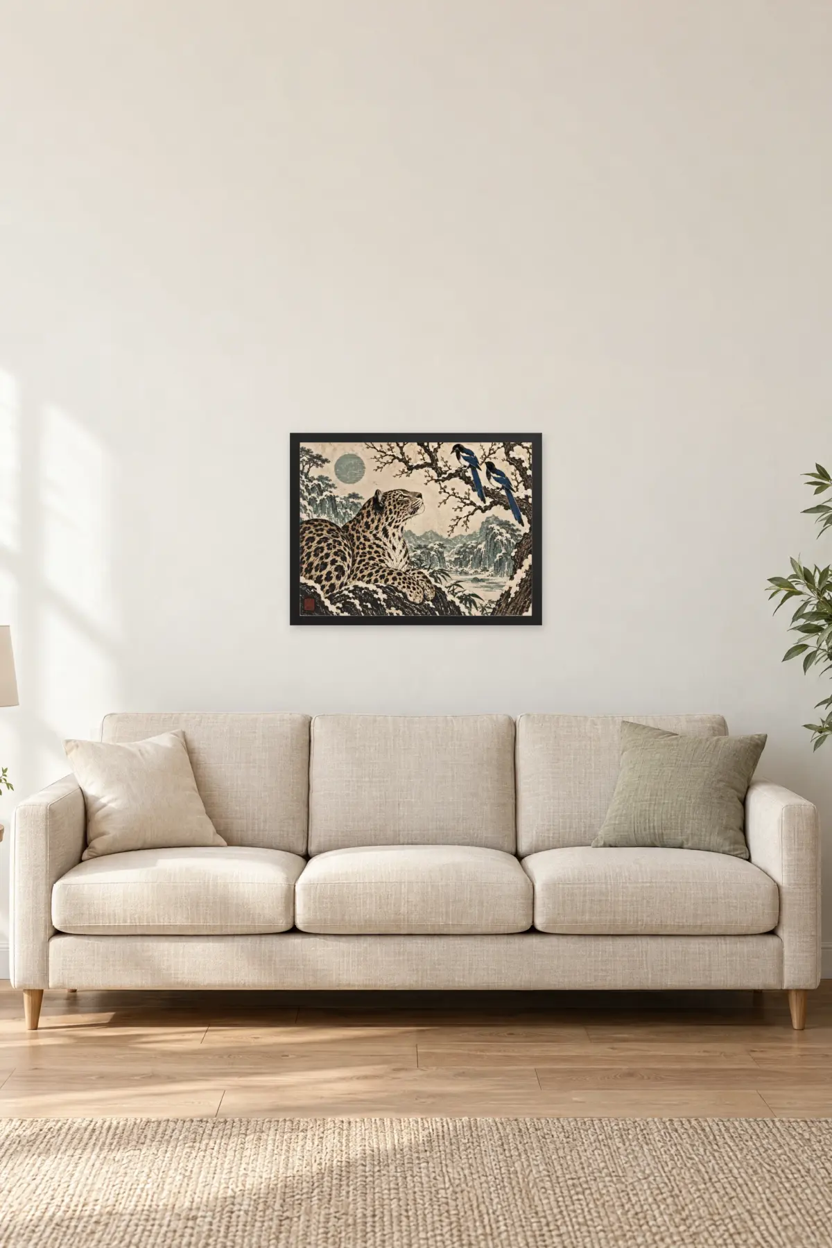 "Leopard and Magpies" Premium Wooden Framed Poster · Landscape — Black frame, 24 × 18 in