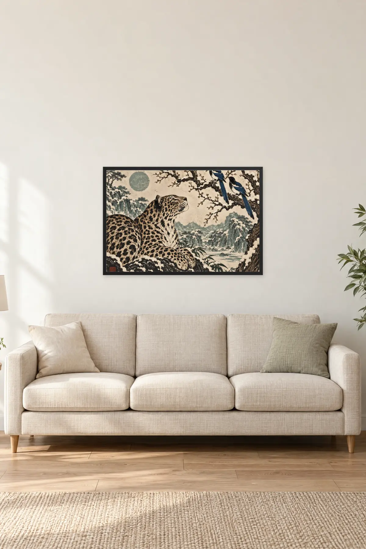 "Leopard and Magpies" Premium Wooden Framed Poster · Landscape — Black frame, 36 × 24 in