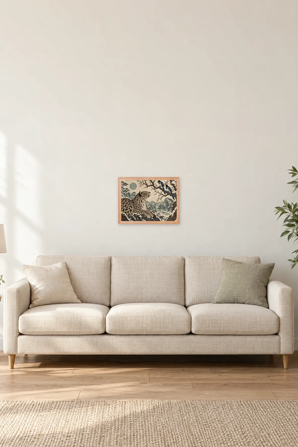 "Leopard and Magpies" Premium Wooden Framed Poster · Landscape — Natural Wood frame, 16 × 12 in