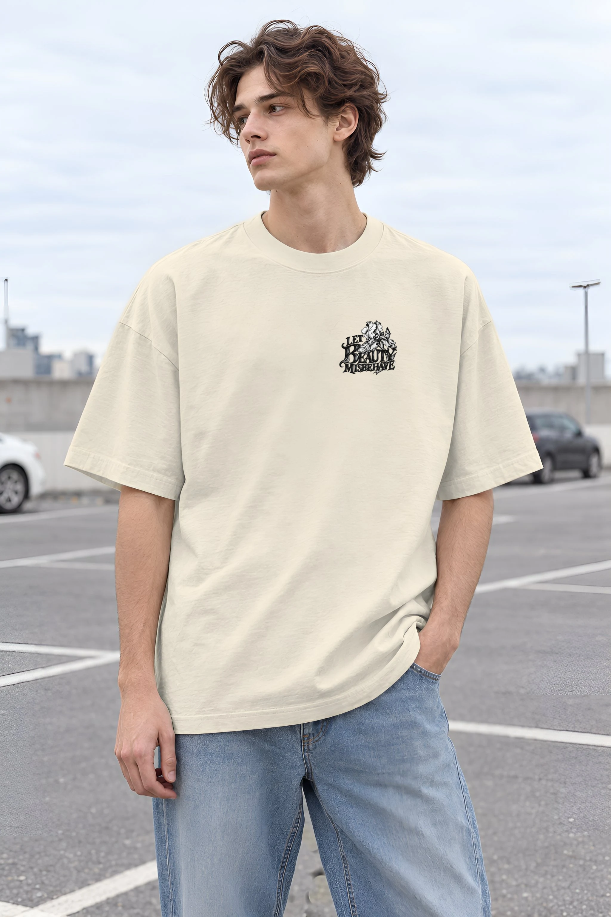"Let Beauty Misbehave" Men's Oversized Heavyweight Crewneck T-Shirt