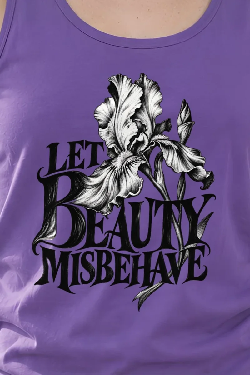 "Let Beauty Misbehave" Unisex Jersey Tank - the graphic up close