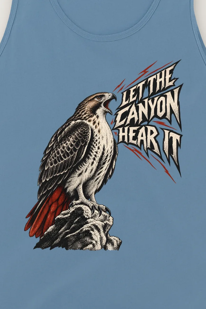 "Let the Canyon Hear It" Unisex Jersey Tank - the graphic up close