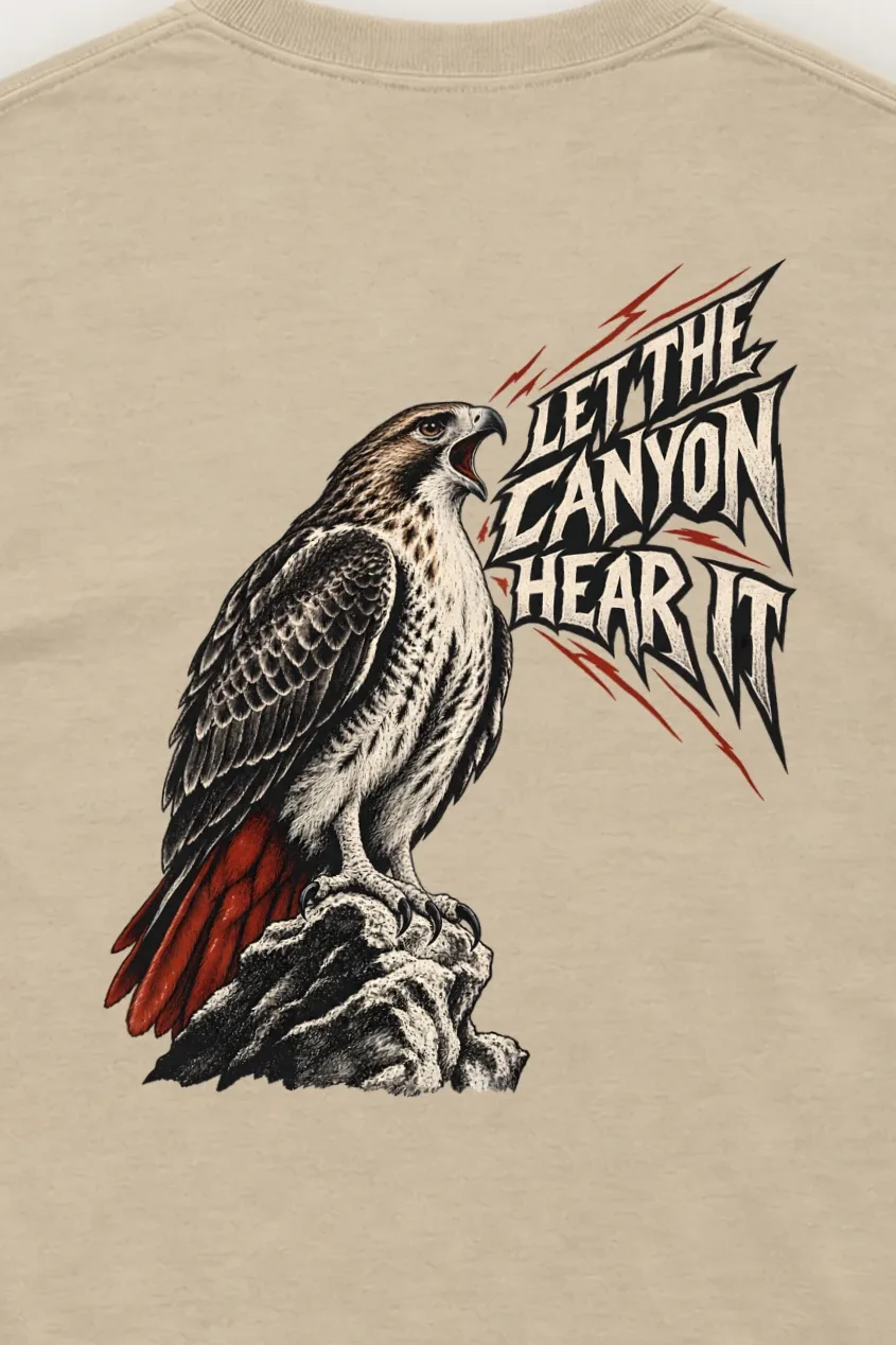 "Let the Canyon Hear It" Unisex Longsleeve T-shirt - the graphic up close