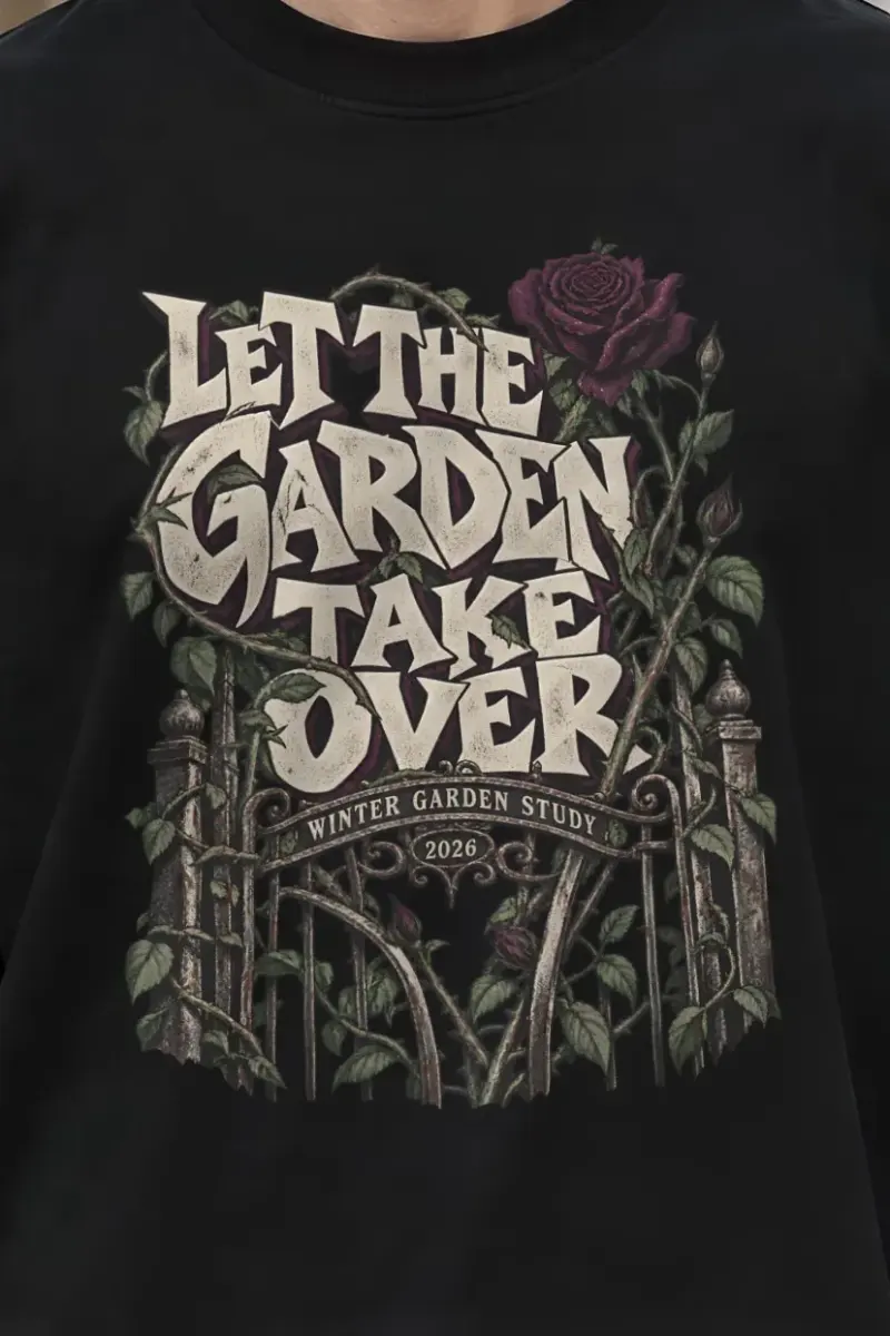 "Let the Garden Take Over" Men’s Oversized Heavyweight Crewneck T-Shirt - the graphic up close