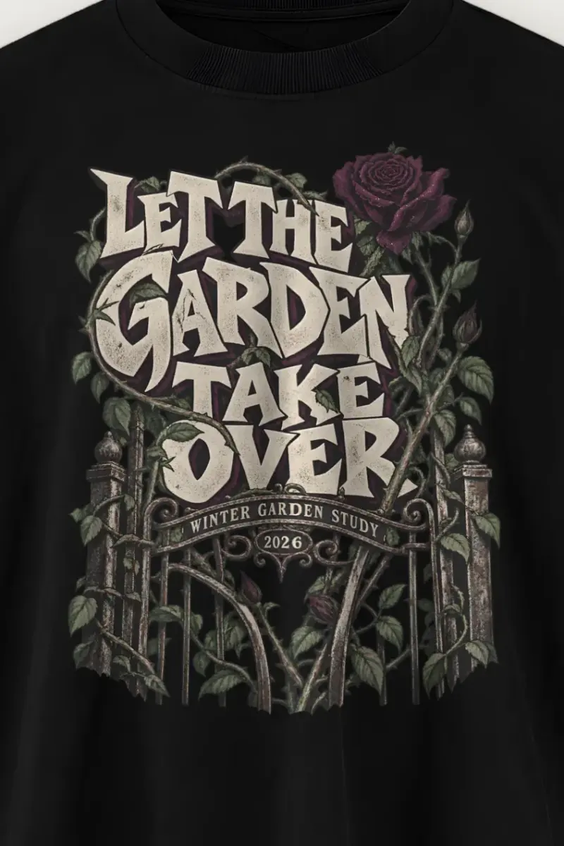 "Let the Garden Take Over" Men’s Oversized Heavyweight Crewneck T-Shirt - the graphic up close