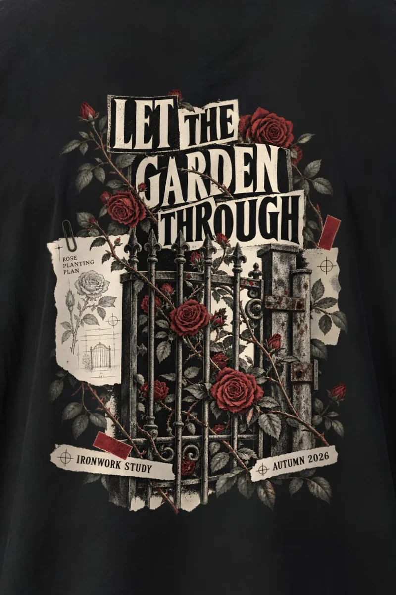 "Let The Garden Through" Men’s Oversized Heavyweight Crewneck T-Shirt - the graphic up close
