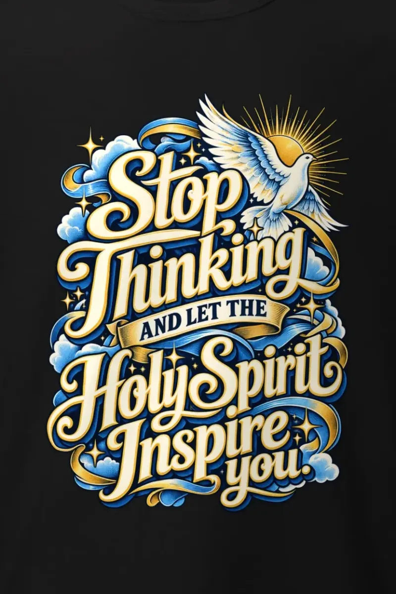 "Stop Thinking Script Dove" Heavyweight Unisex Crewneck T-shirt - the graphic up close