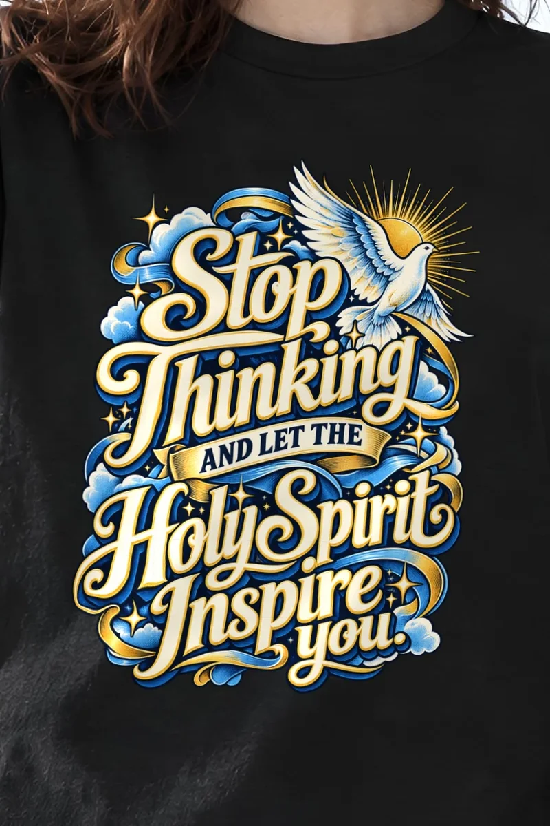 "Stop Thinking Script Dove" Heavyweight Unisex Crewneck T-shirt - the graphic up close