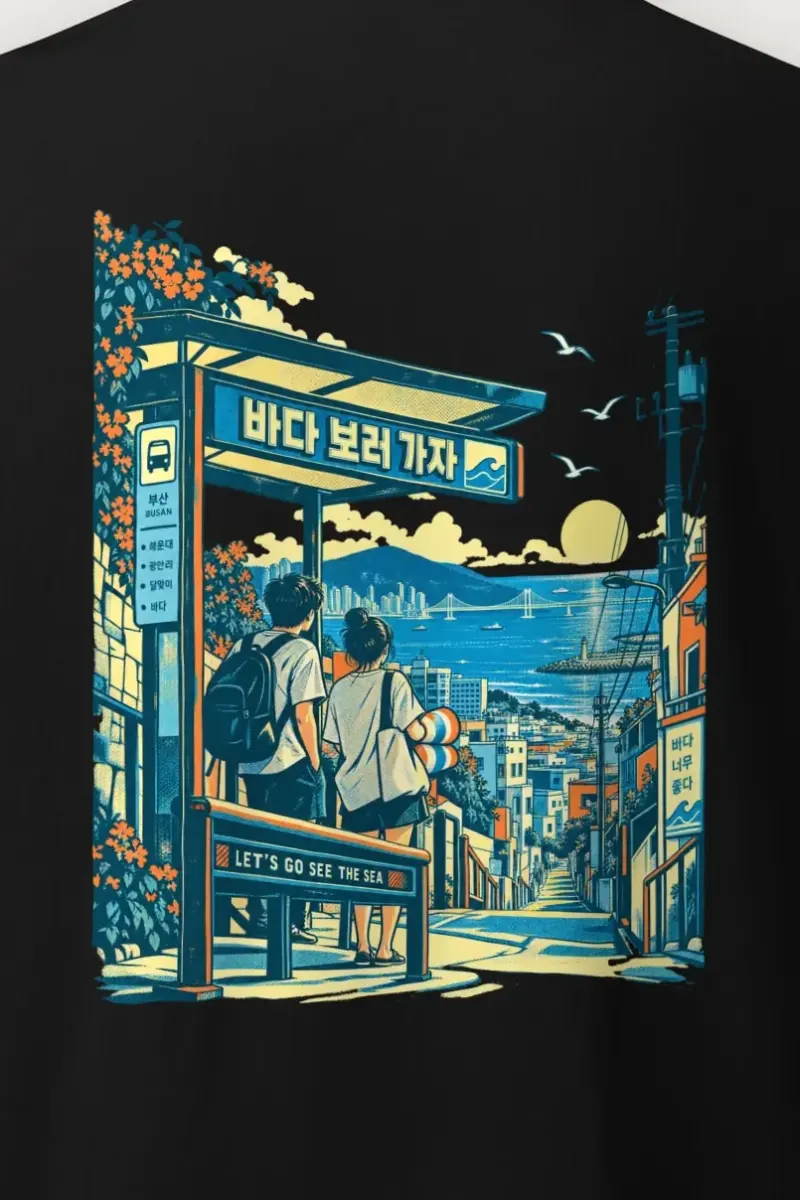 "Let’s Go See the Sea" Heavyweight Unisex Crewneck T-shirt - the graphic up close