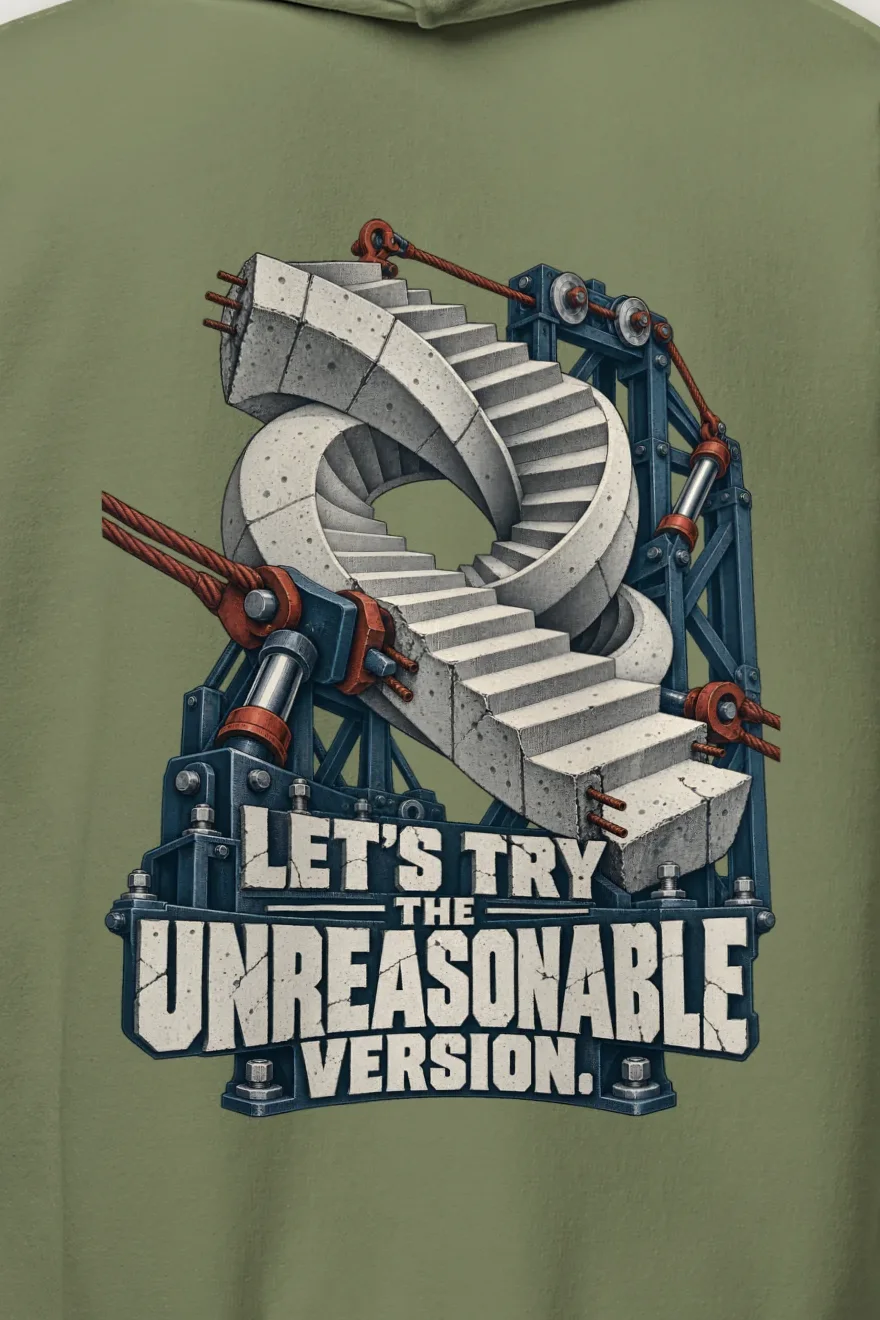 "Let’s Try the Unreasonable Version" Heavy Blend Unisex Pullover Hoodie - the graphic up close