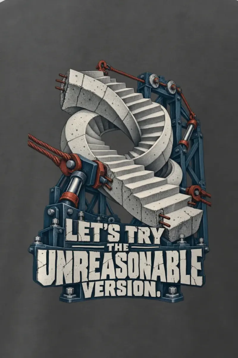 "Let’s Try The Unreasonable Version" Men’s Oversized Heavyweight Crewneck T-Shirt - the graphic up close