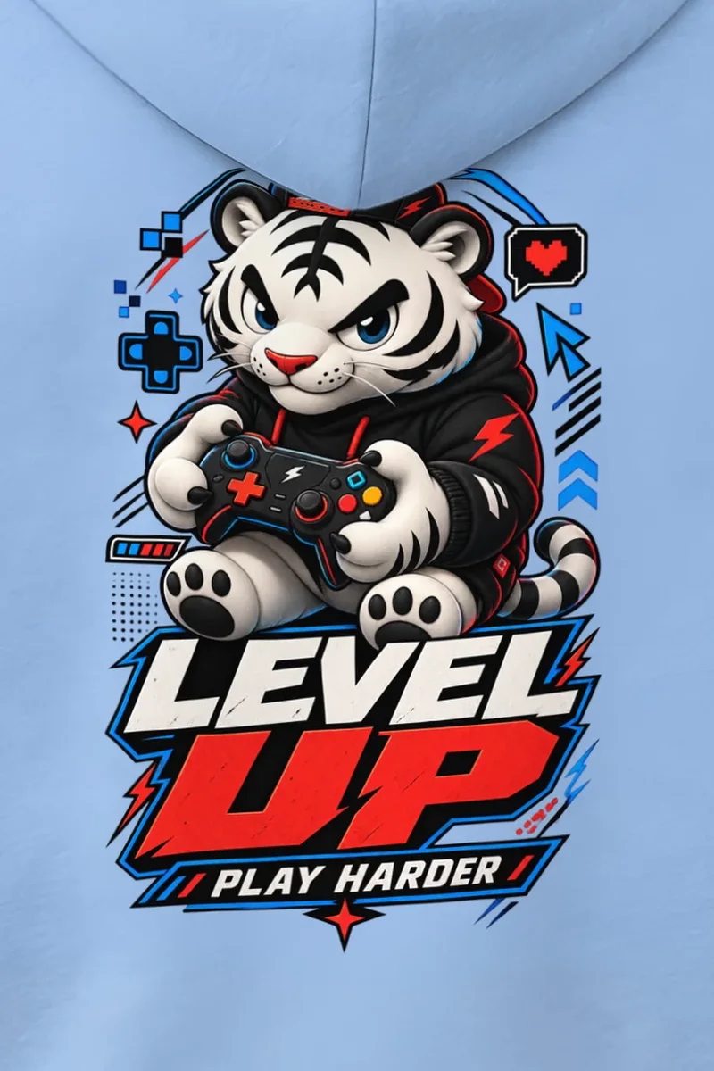 "Level Up Play Harder" 1 Pullover Hoodie - the graphic up close