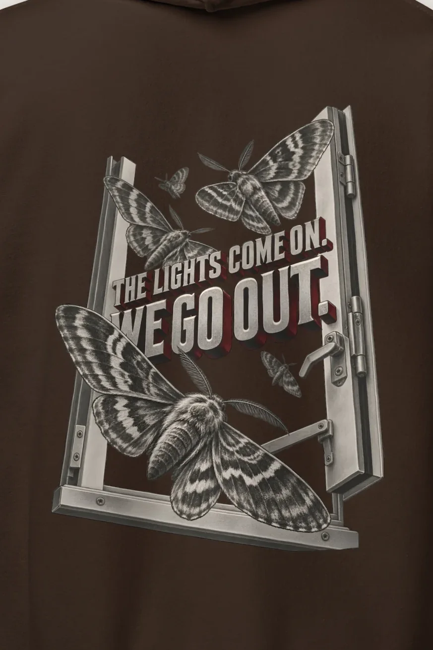 "Lights Come On Moths" Heavy Blend Unisex Pullover Hoodie - the graphic up close
