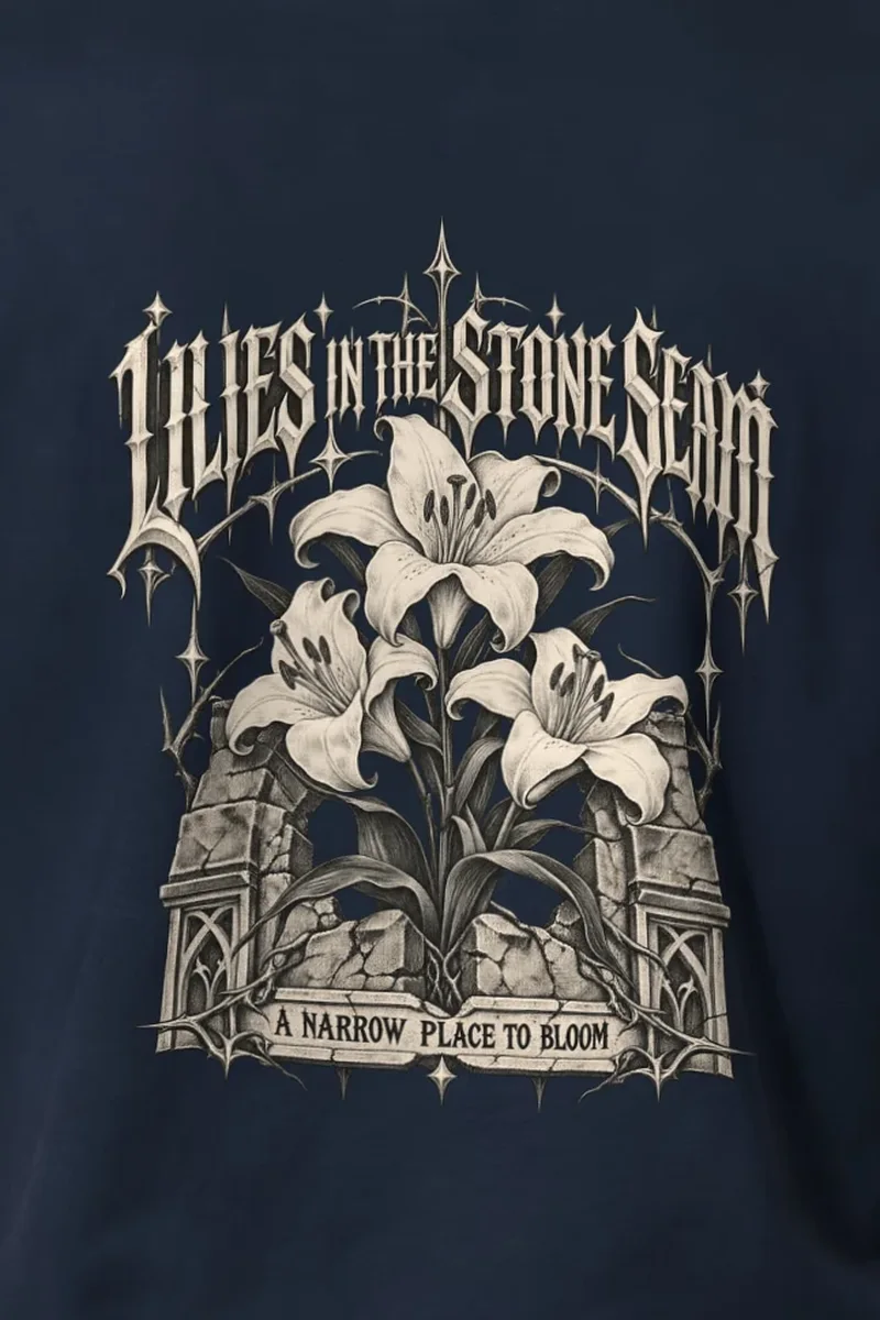 "Lilies in the Stone Seam" Heavyweight Unisex Crewneck T-shirt - the graphic up close
