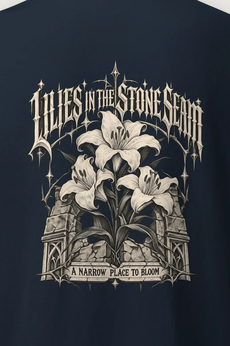 "Lilies in the Stone Seam" Heavyweight Unisex Crewneck T-shirt - the graphic up close