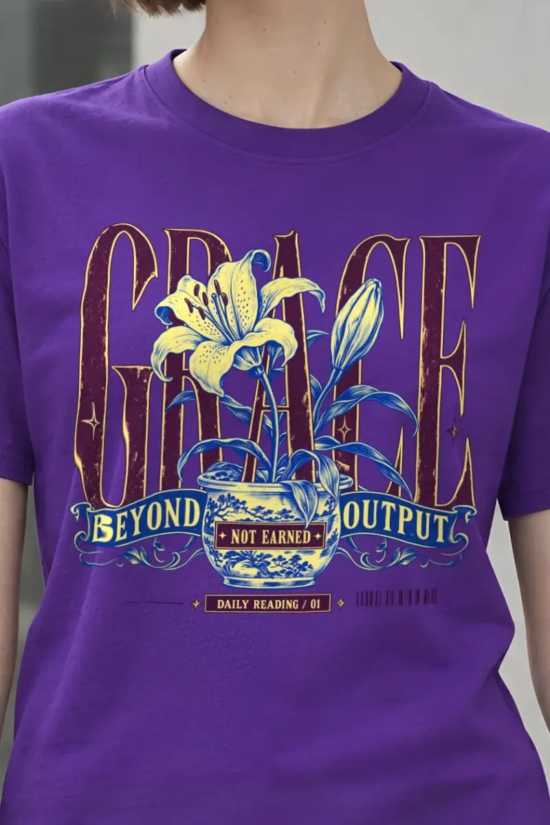 "Lily Pot Grace Banner" Heavyweight Unisex Crewneck T-shirt - the graphic up close