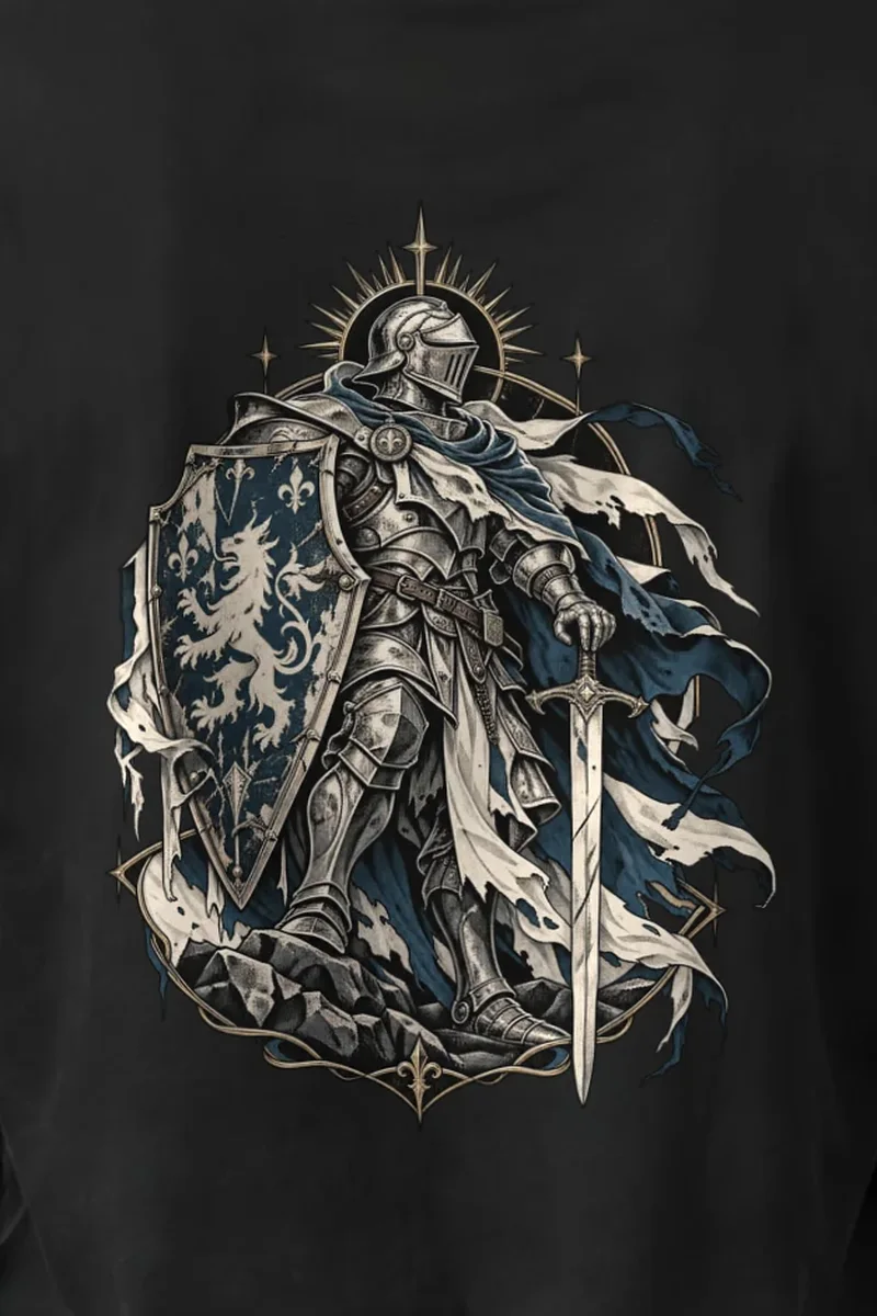 "Lion Shield Knight" Unisex Longsleeve T-shirt - the graphic up close