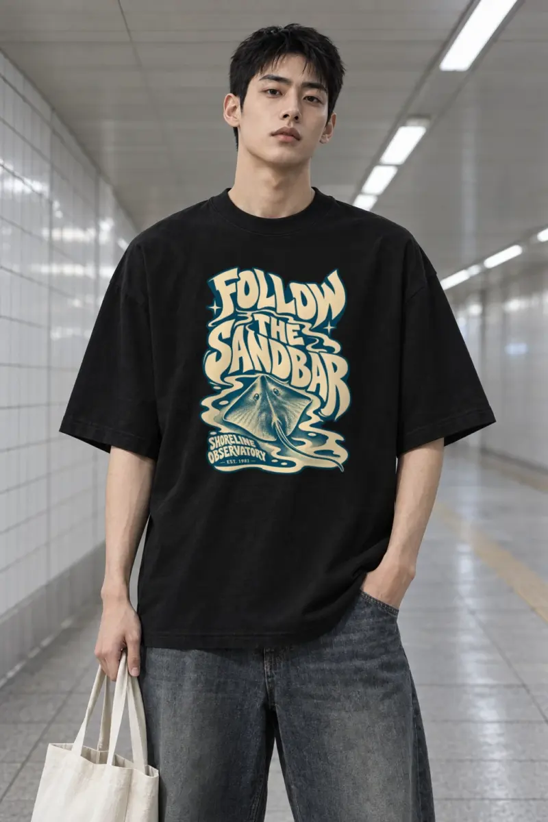 "Liquid Letter Sandbar" Men's Oversized Heavyweight Crewneck T-Shirt