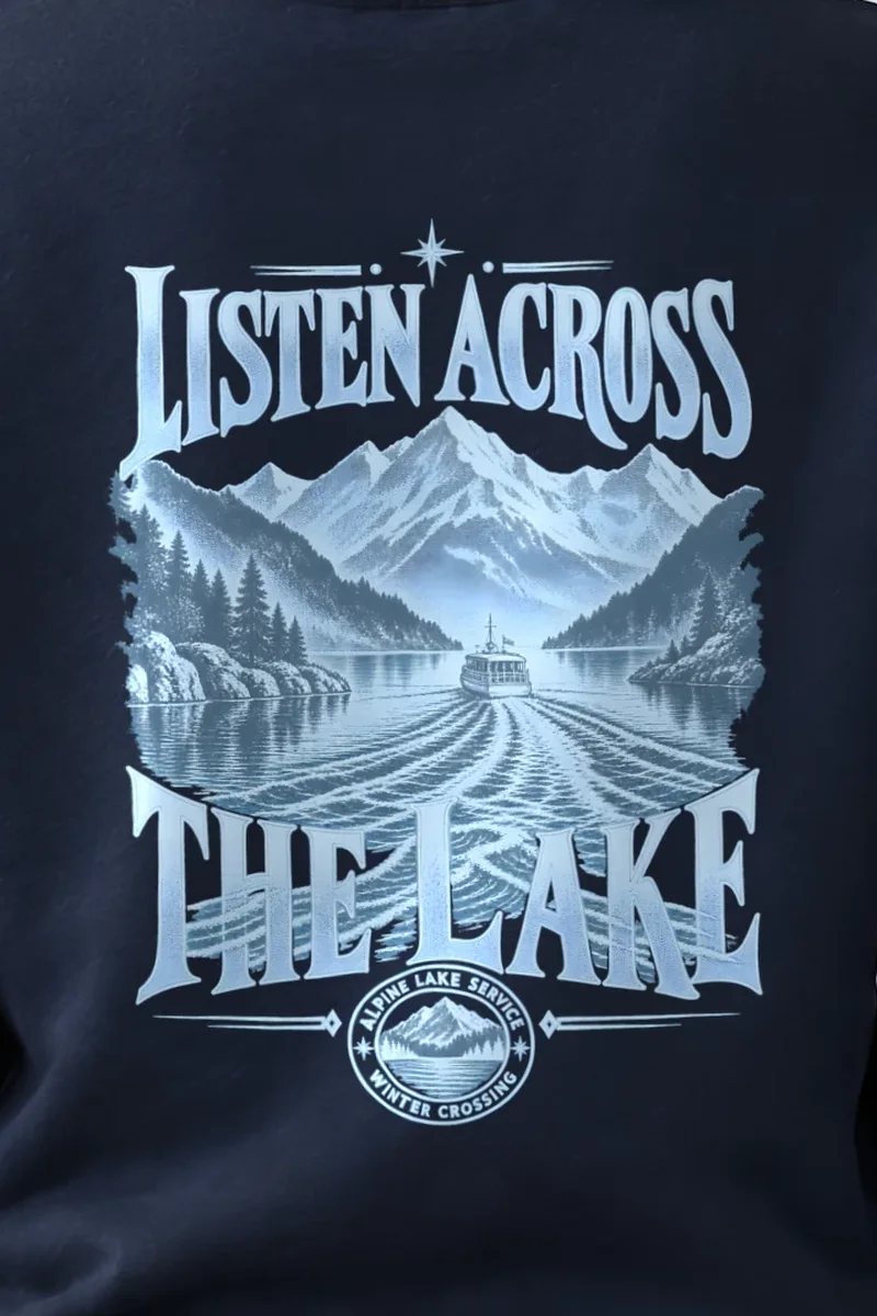 "Listen Across The Lake" Heavy Blend Unisex Crewneck Sweatshirt - the graphic up close