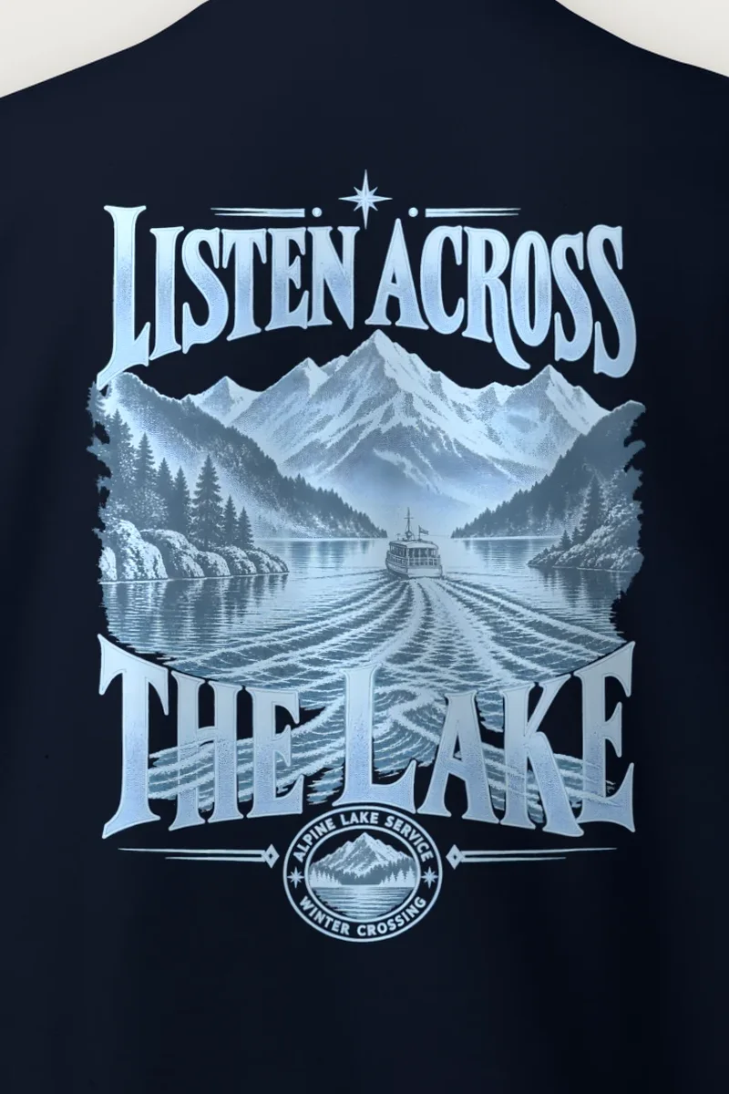 "Listen Across The Lake" Heavy Blend Unisex Crewneck Sweatshirt - the graphic up close