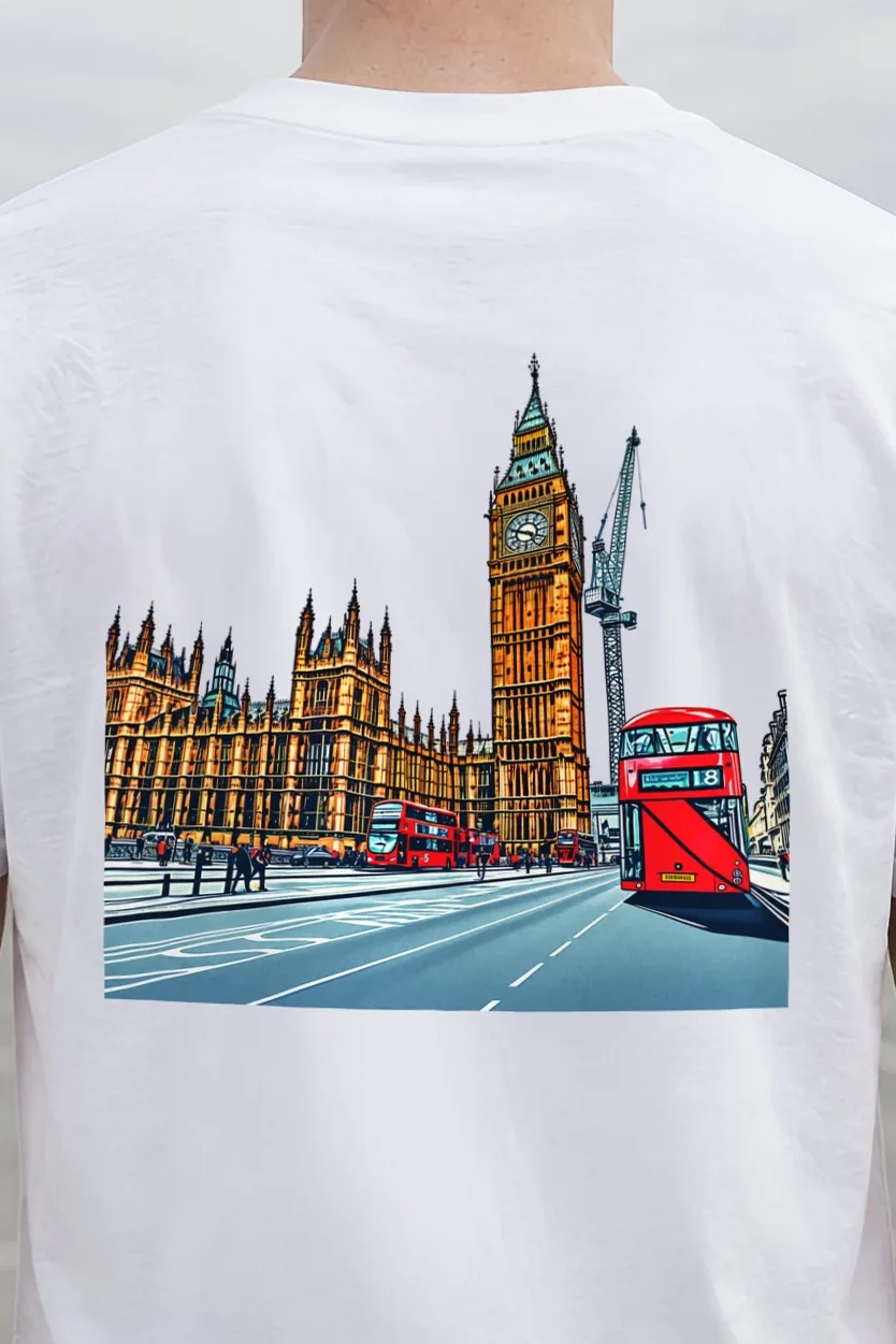 "London No. 18" Heavyweight Unisex Crewneck T-shirt - the graphic up close