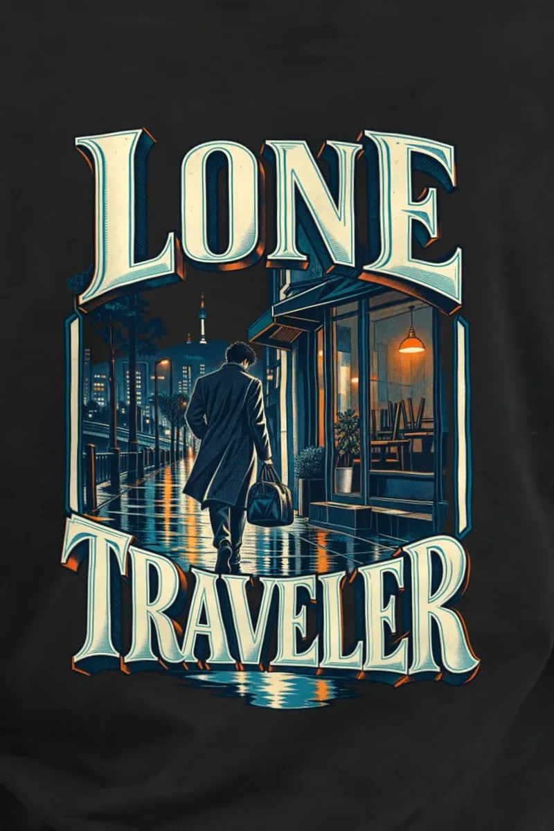 "Lone Traveler" Heavyweight Unisex Crewneck T-shirt - the graphic up close