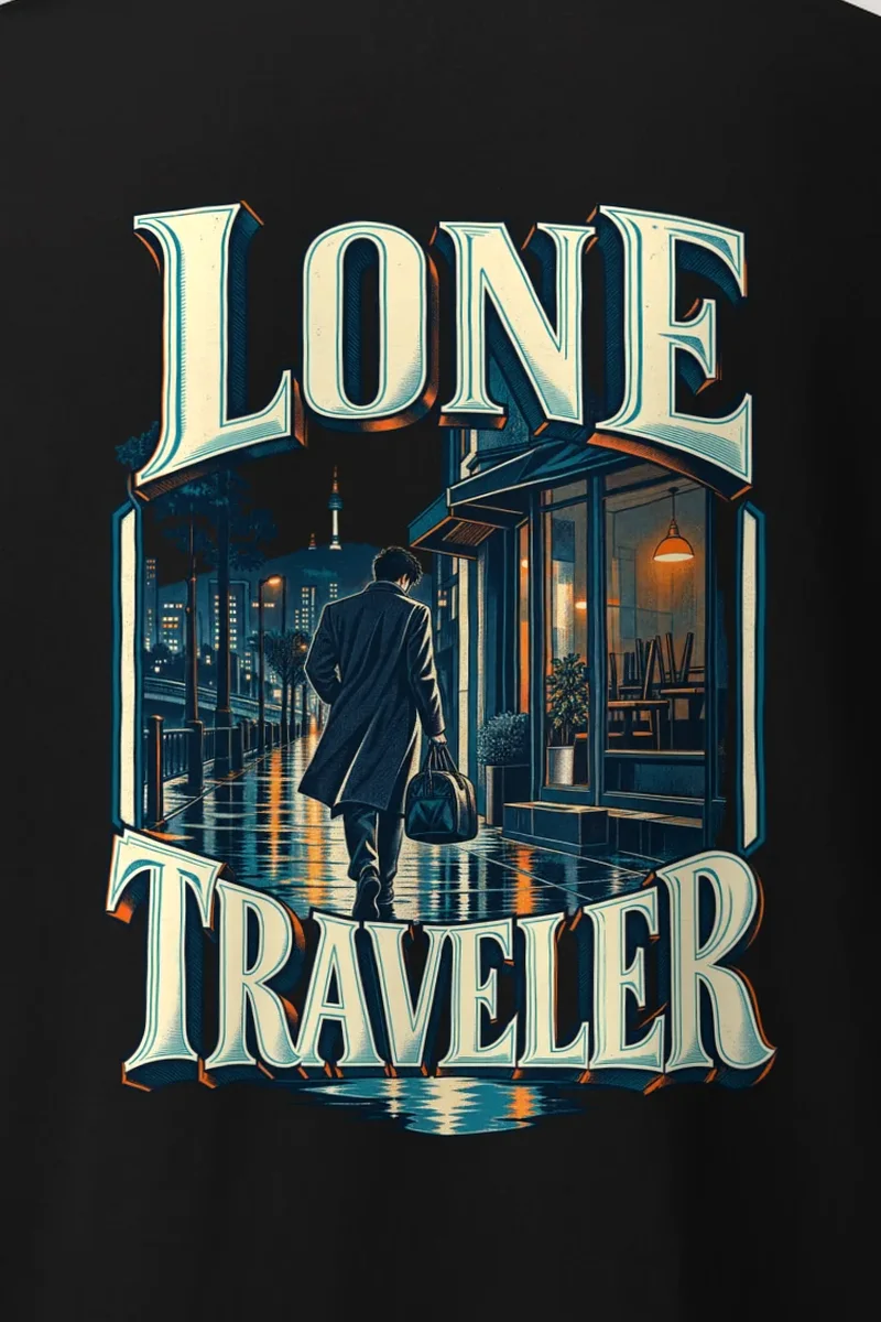 "Lone Traveler" Heavyweight Unisex Crewneck T-shirt - the graphic up close