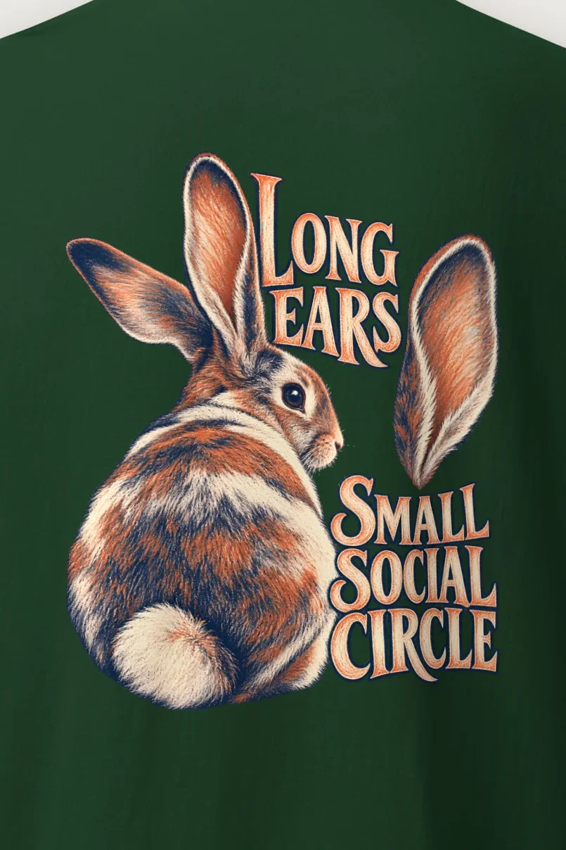 "Long Ears Small Social Circle" Heavyweight Unisex Crewneck T-shirt - the graphic up close