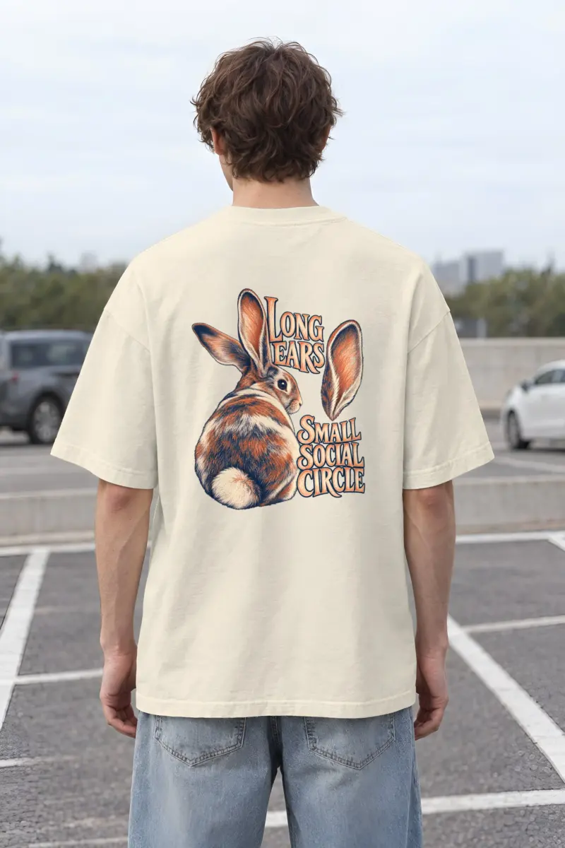 “Long Ears Small Social Circle” Men’s Oversized Heavyweight Crewneck T-Shirt