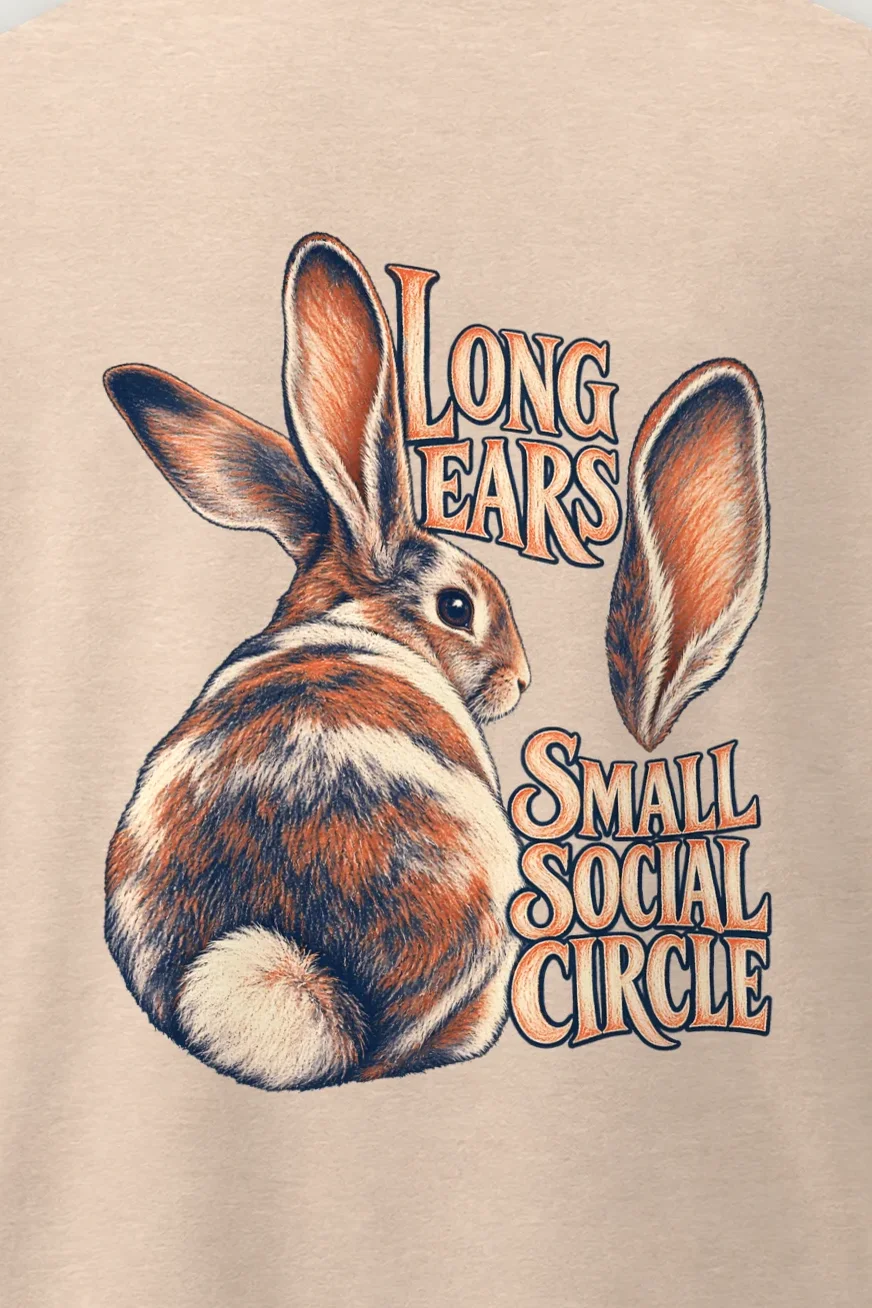 "Long Ears Small Social Circle" Men’s Oversized Heavyweight Crewneck T-Shirt - the graphic up close