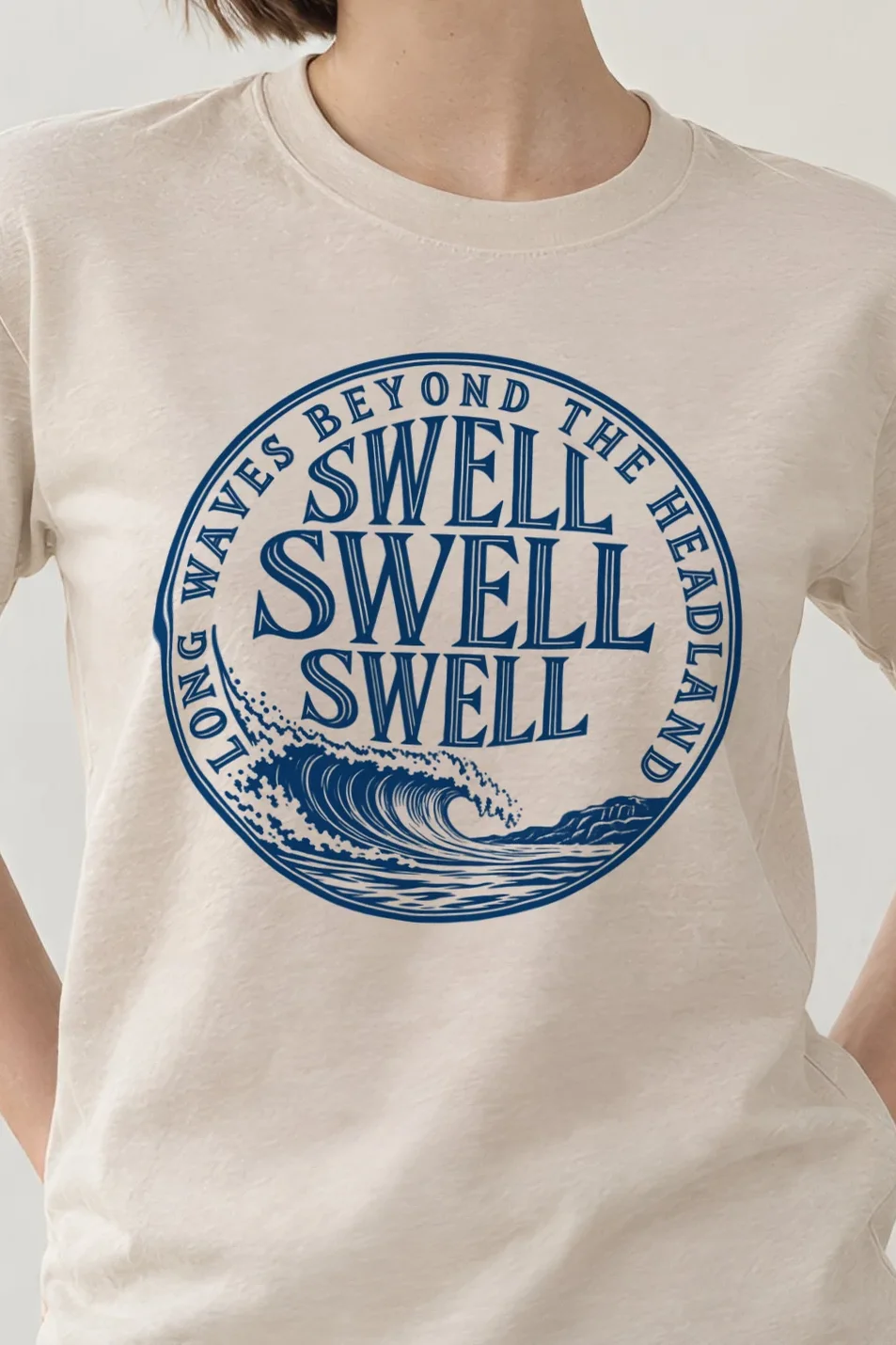 "LONG WAVES BEYOND THE HEADLAND" Heavyweight Unisex Crewneck T-shirt - the graphic up close
