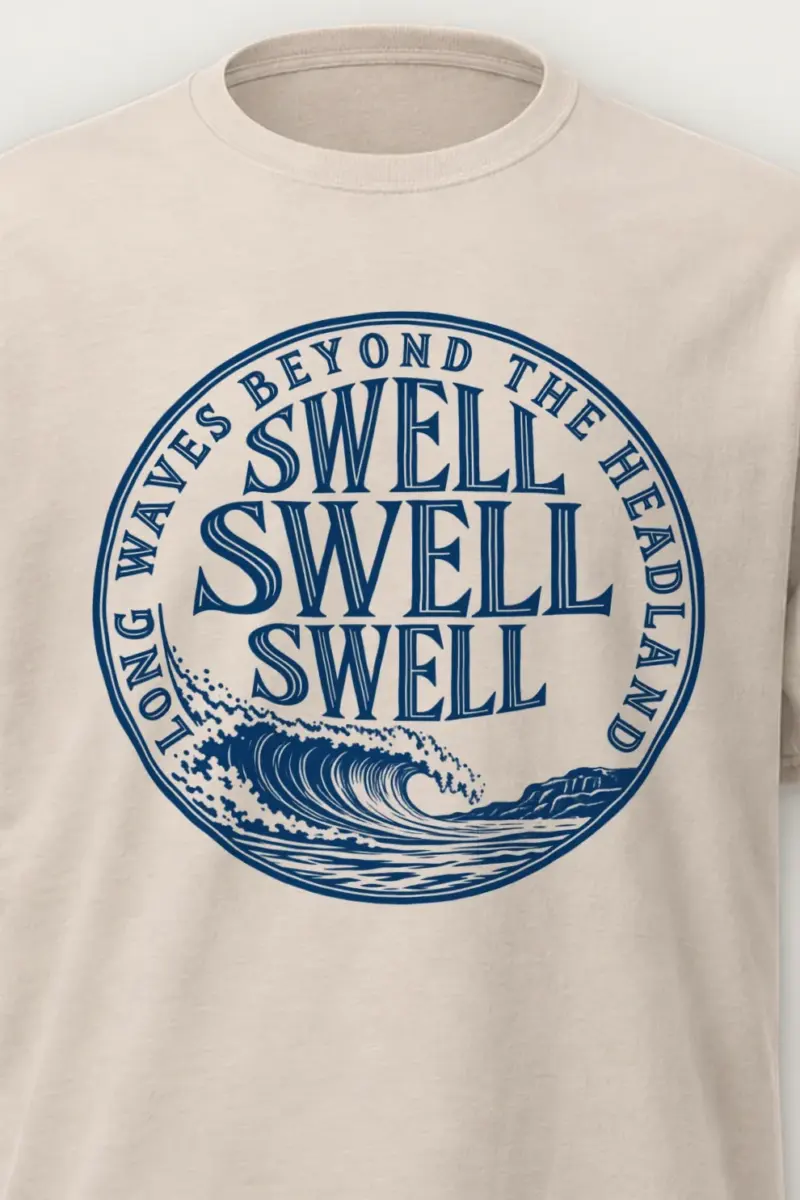 "LONG WAVES BEYOND THE HEADLAND" Heavyweight Unisex Crewneck T-shirt - the graphic up close